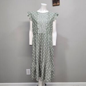 Böhme Midi Dress Large Sage Green Embroidered Daisy Ruffle Sleeve Cottagecore